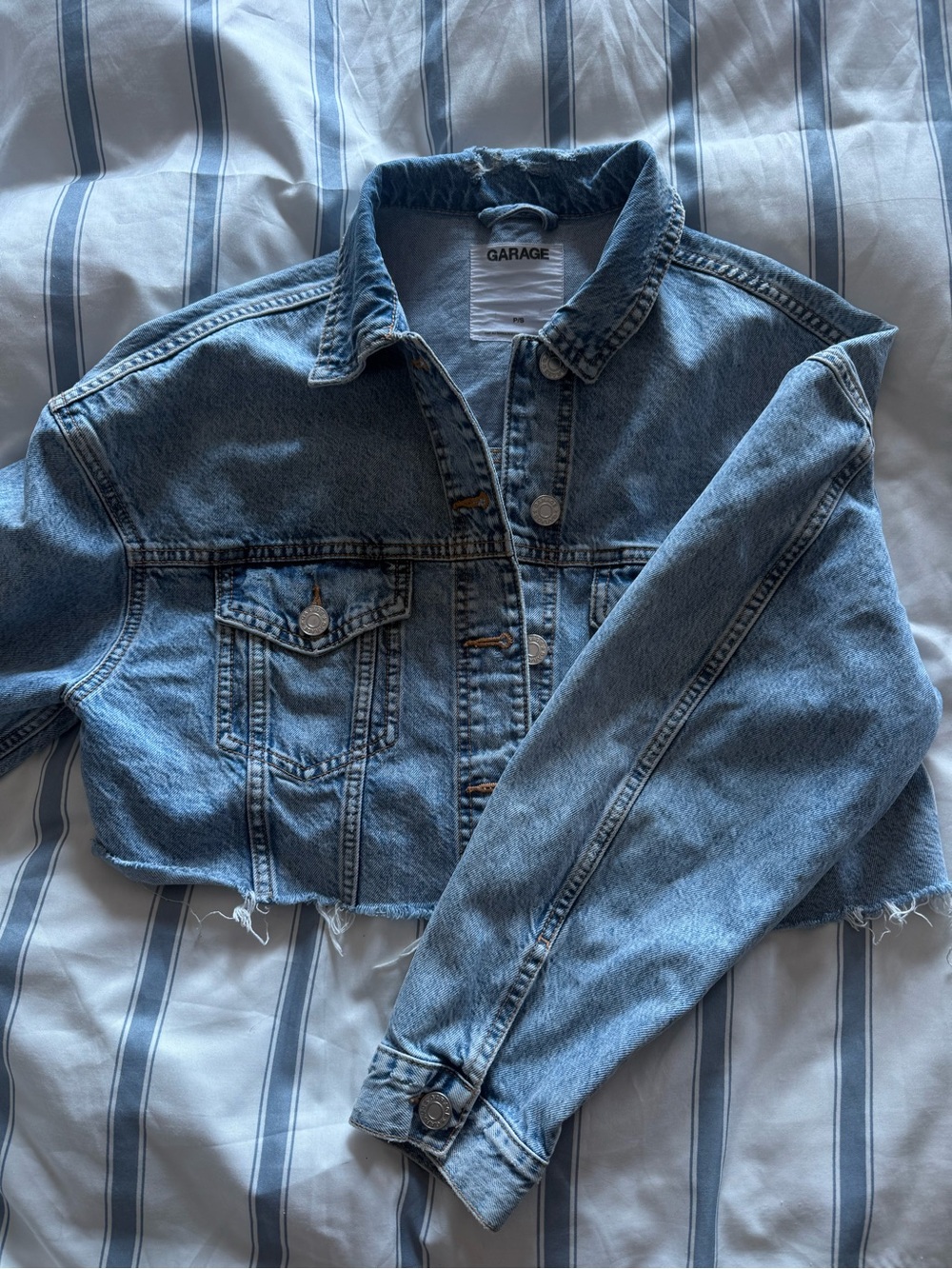 Garage Cropped Blue Denim Jacket with Raw Hem